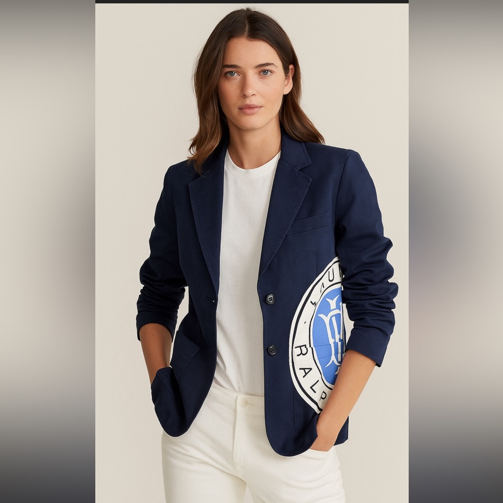 Lauren Ralph Lauren Navy Blazer Large Logo Stretch Cotton Canvas Size 00 Preppy